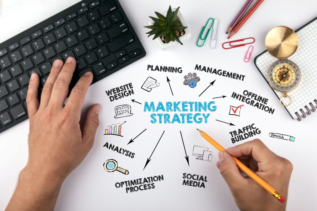 marketing strategy Concept. Chart with keywords and icons. hands on working desk doing business 